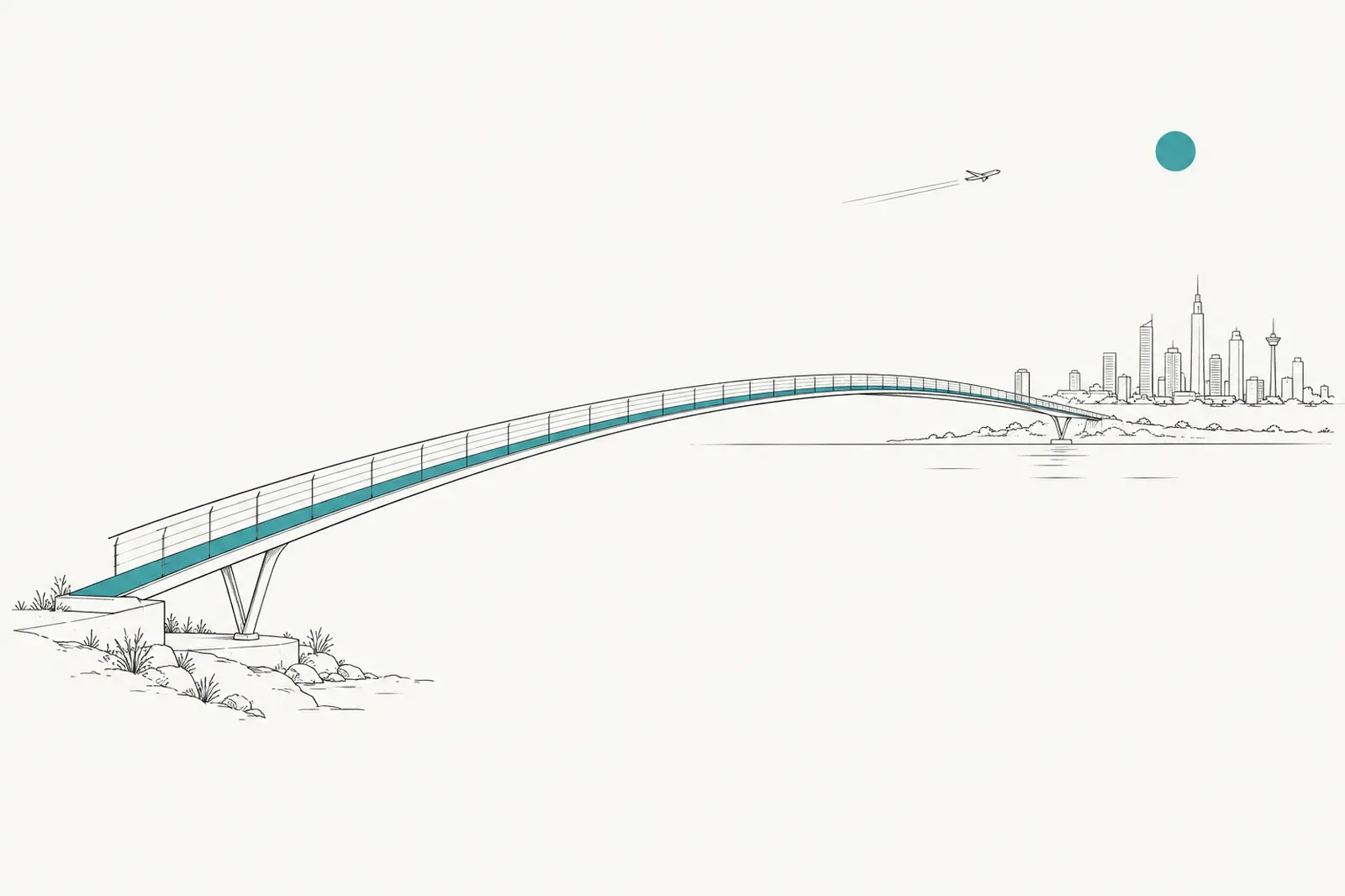 Ink illustration of a slender bridge arcing from a small shoreline toward a distant city skyline, with an airplane and sun in the sky.